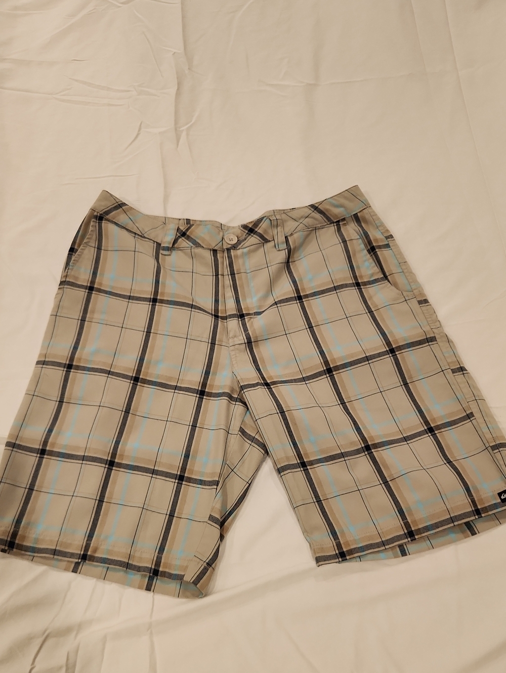 Size 34 Quiksilver Tan Plaid Shorts with Light Blue Accents